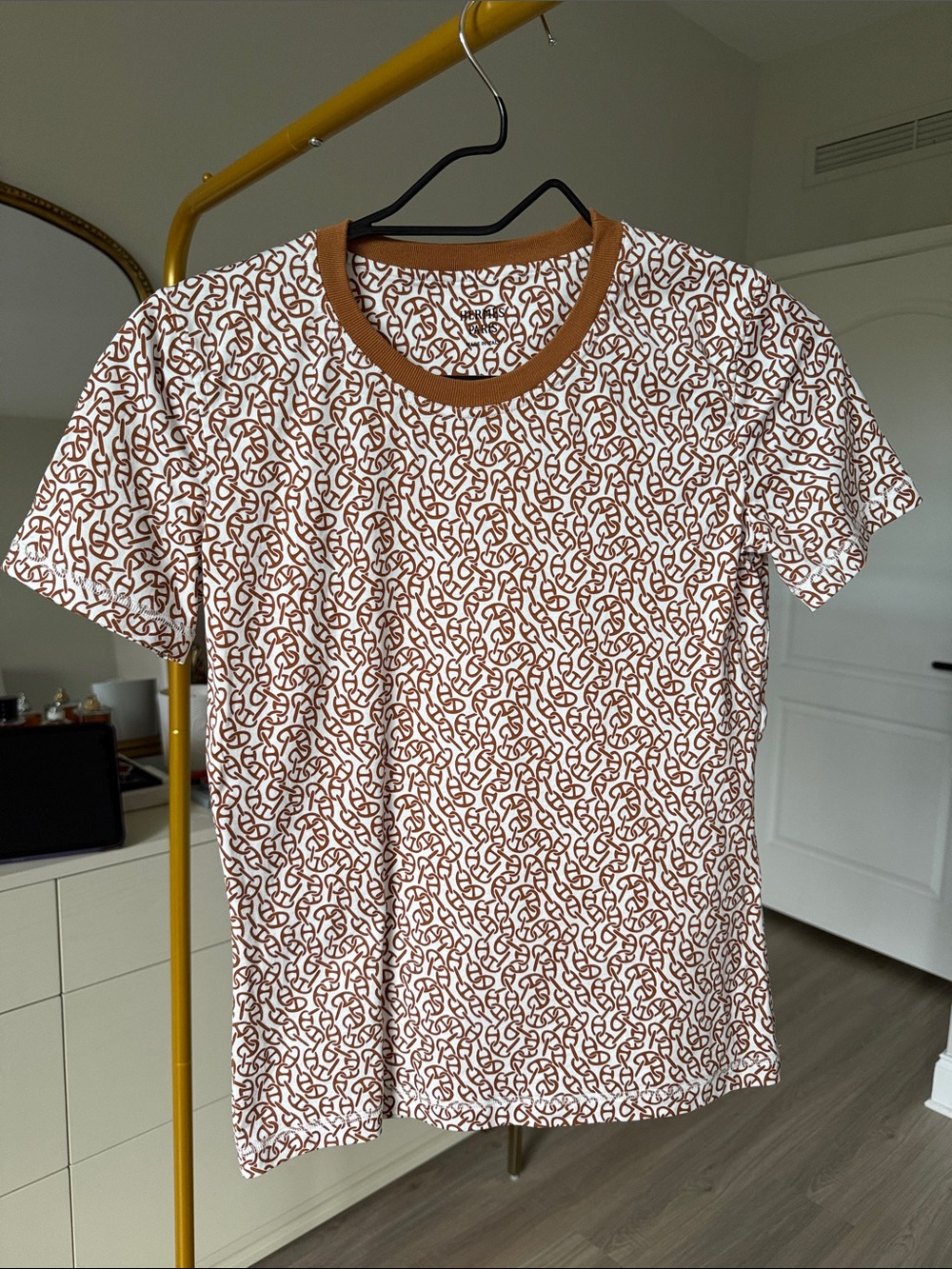 Hermes White & Brown Logo Print Short Sleeve Tee